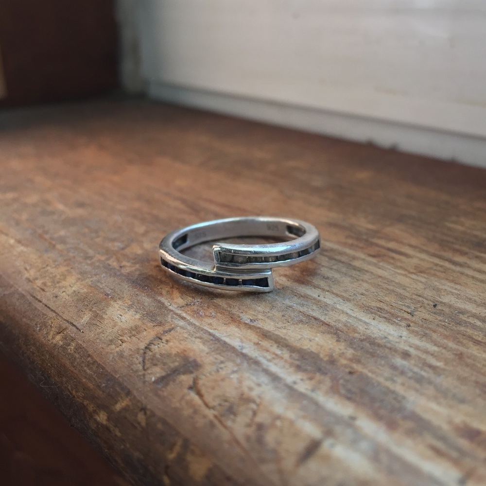 Sterling silver, diamond and sapphire ring, size 7